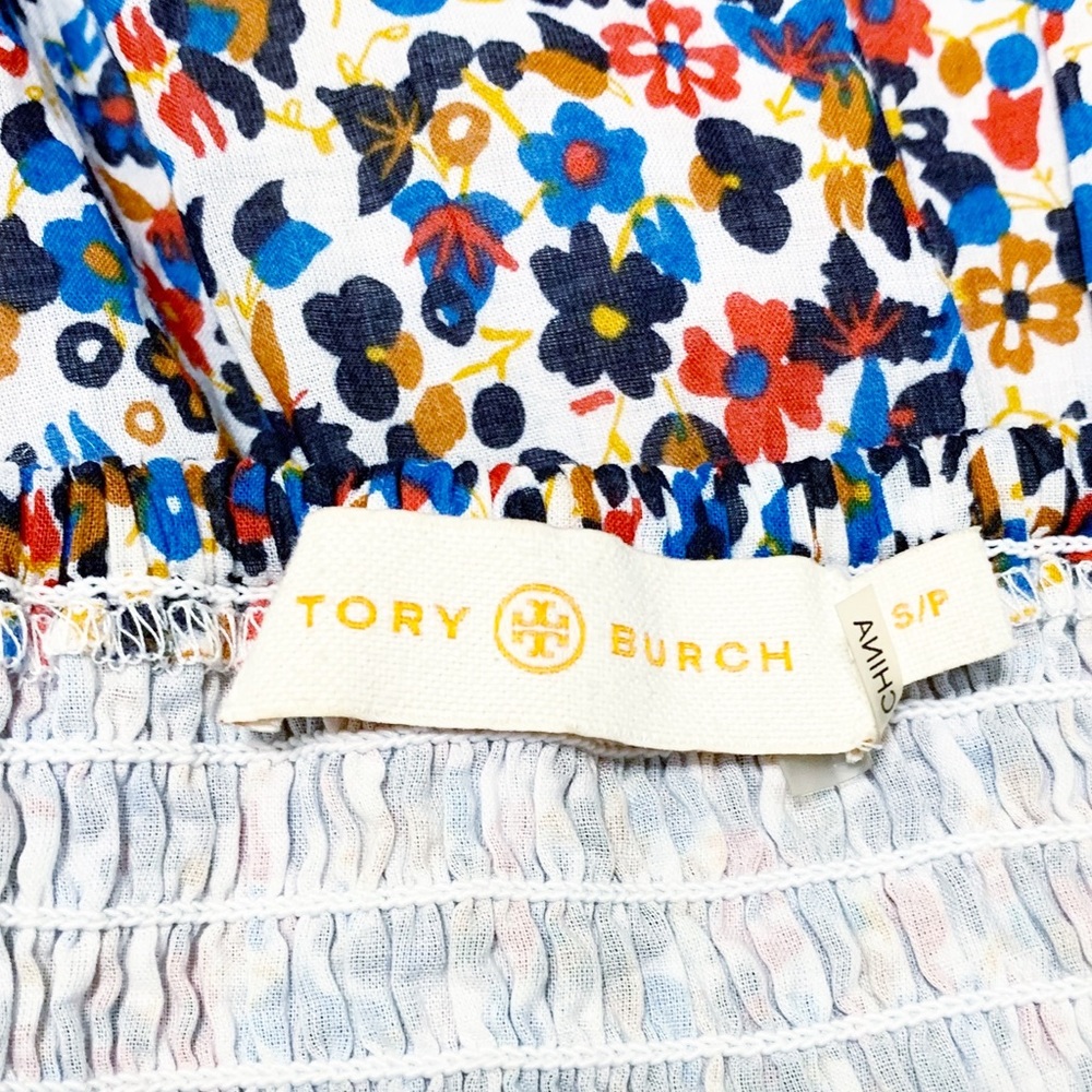 Tory Burch Wildflower Floral Tiered Off shoulder Smoked Navy piping Midi Dress S - Picture 11 of 17